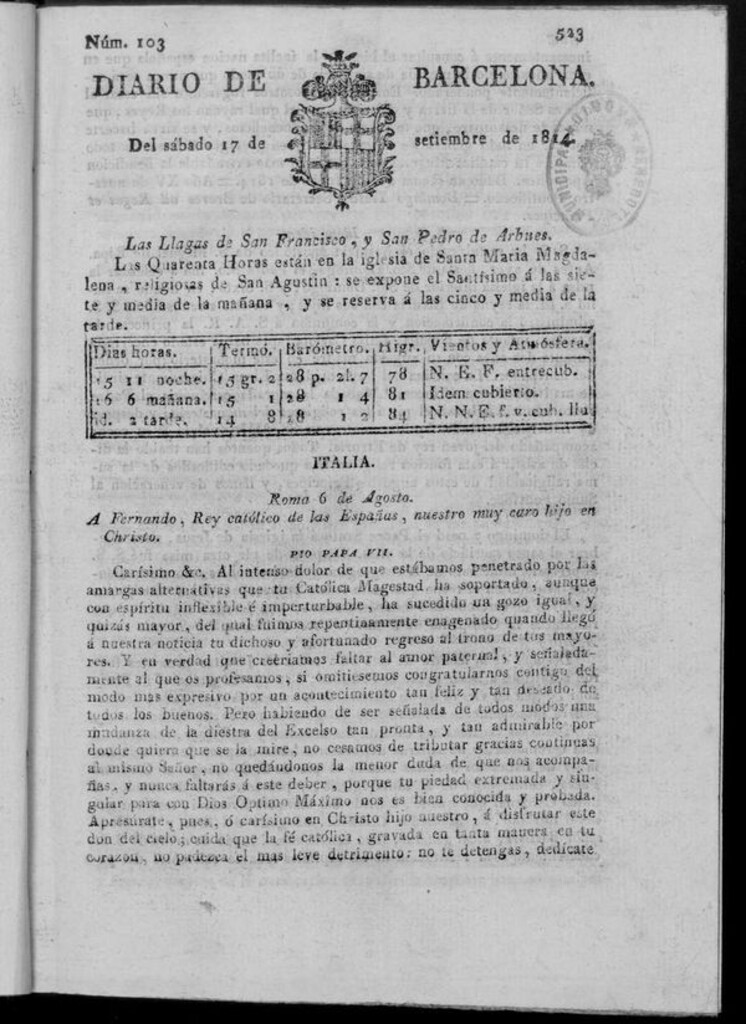 Miniatura de Diario de Barcelona del sábado 17 de septiembre de 1814
