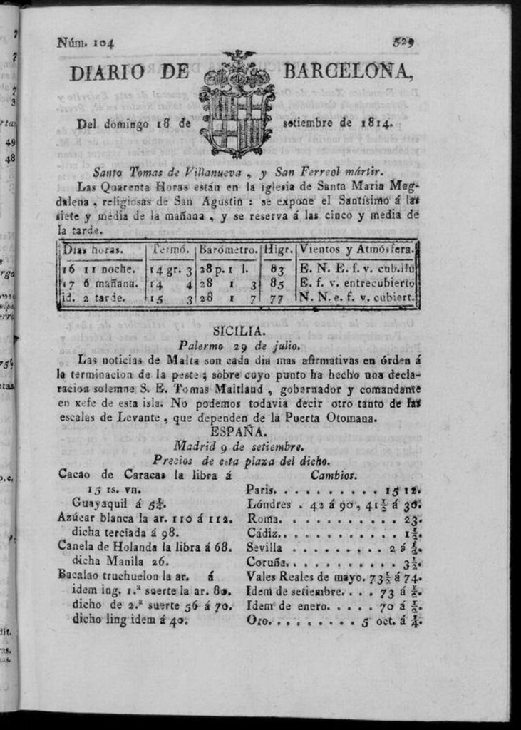 Miniatura de Diario de Barcelona del domingo 18 de septiembre de 1814