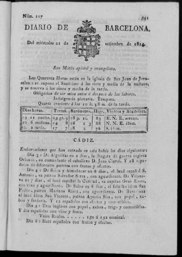 Miniatura de Diario de Barcelona del miércoles 21 de septiembre de 1814