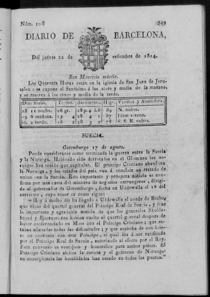 Miniatura de Diario de Barcelona del jueves 22 de septiembre de 1814