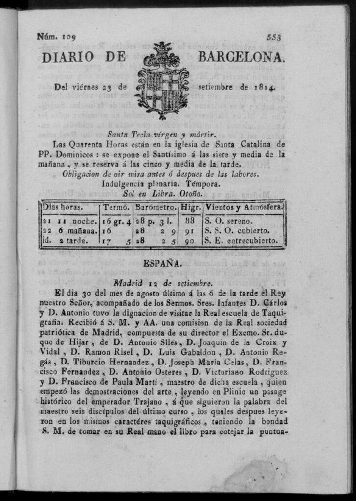 Miniatura de Diario de Barcelona del viernes 23 de septiembre de 1814