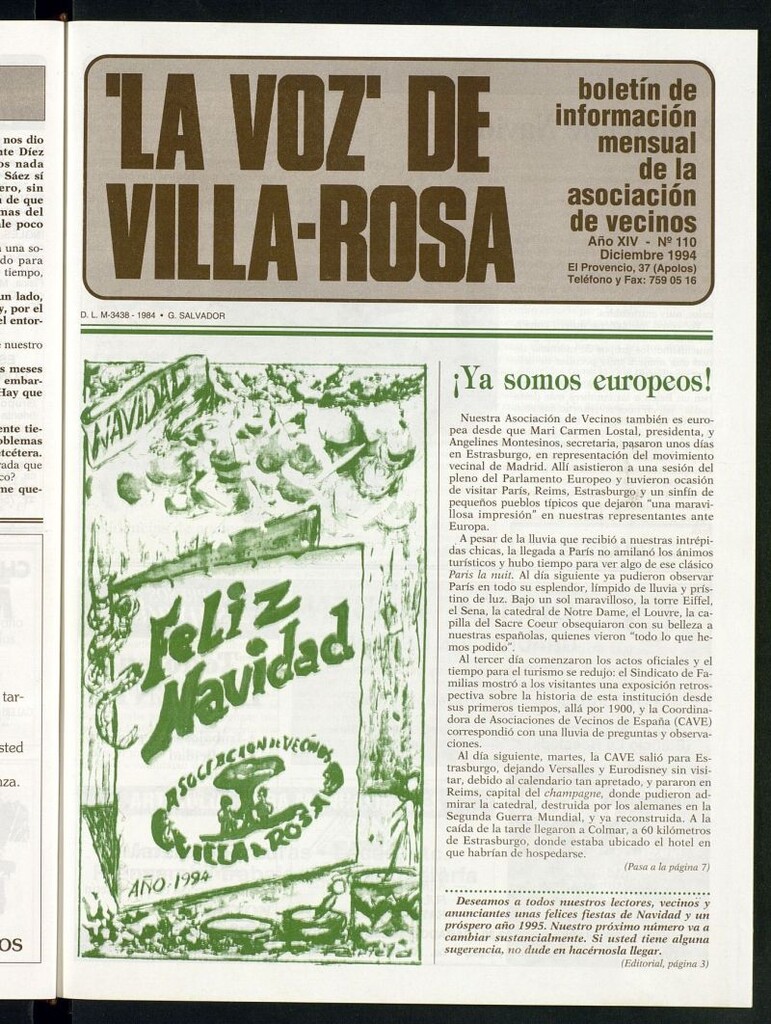 Miniatura de La Voz de Villa-Rosa: boletín informativo mensual de la asociación de vecinos, nº 110 de diciembre de 1994