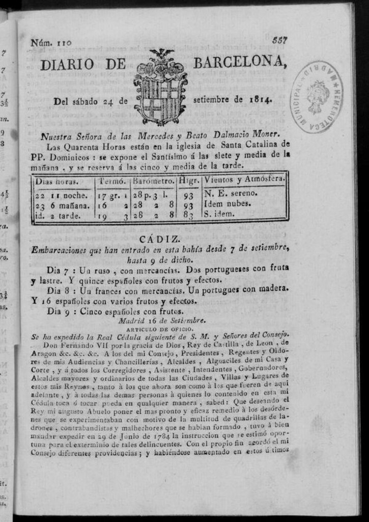 Miniatura de Diario de Barcelona del sábado 24 de septiembre de 1814