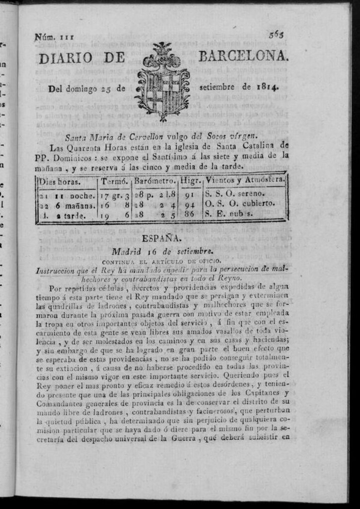 Miniatura de Diario de Barcelona del domingo 25 de septiembre de 1814