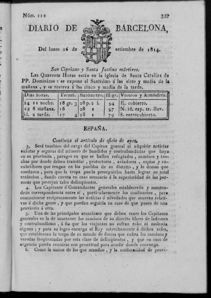 Miniatura de Diario de Barcelona del lunes 26 de septiembre de 1814