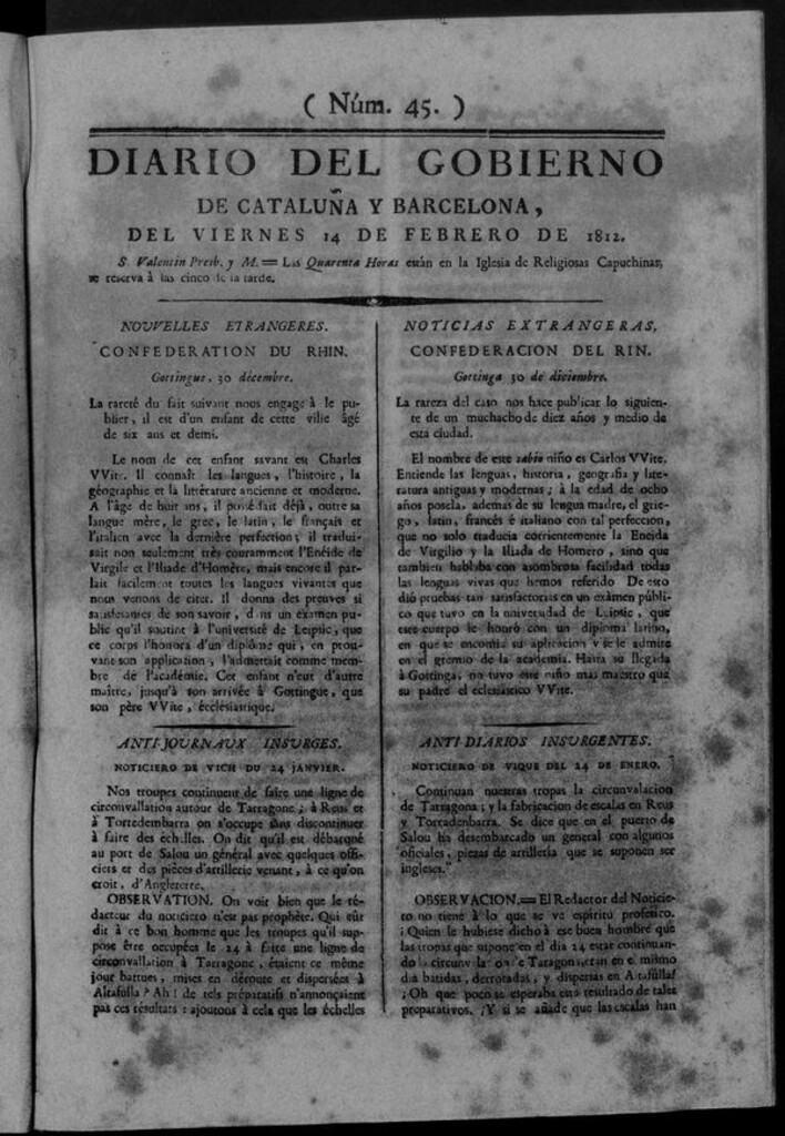 Miniatura de Diario de Barcelona del viernes 14 de febrero de 1812