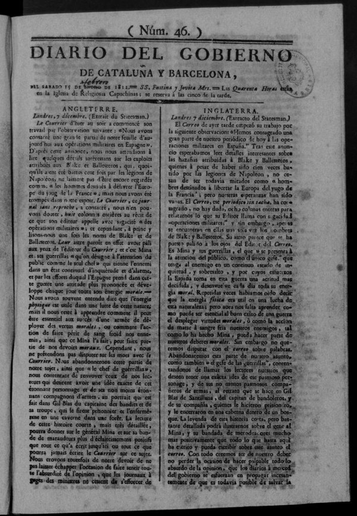 Miniatura de Diario de Barcelona del sábado 15 de febrero de 1812