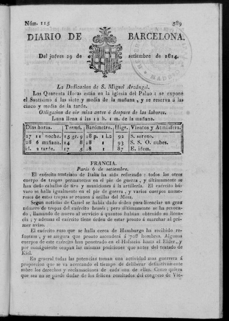 Miniatura de Diario de Barcelona del jueves 29 de septiembre de 1814