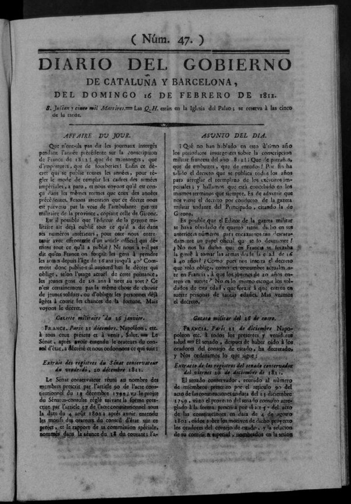 Miniatura de Diario de Barcelona del domingo 16 de febrero de 1812
