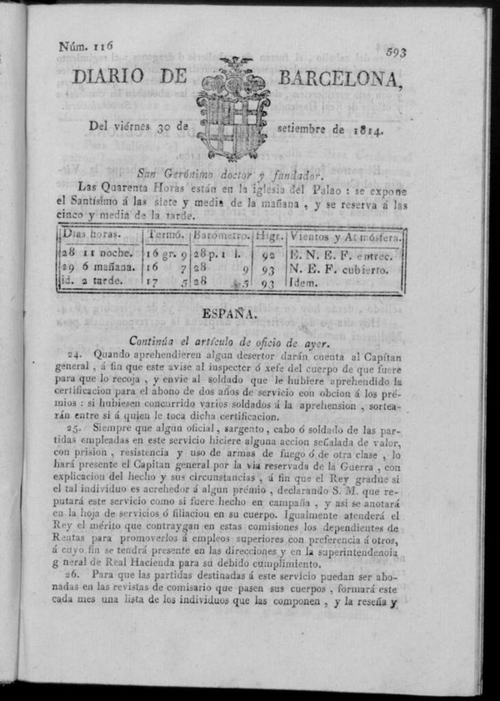 Miniatura de Diario de Barcelona del viernes 30 de septiembre de 1814