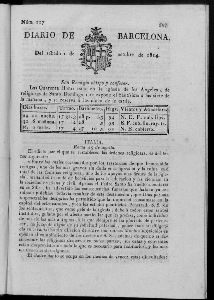 Miniatura de Diario de Barcelona del sábado 1 de octubre de 1814