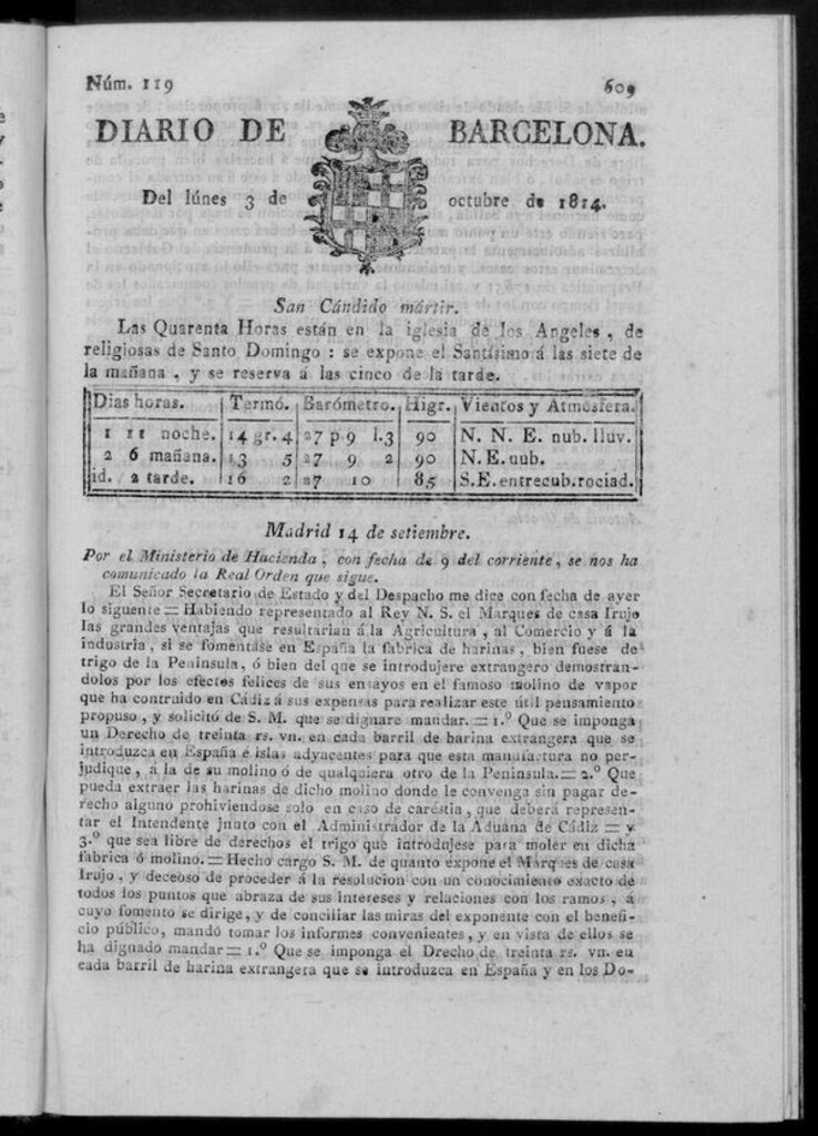Miniatura de Diario de Barcelona del lunes 3 de octubre de 1814