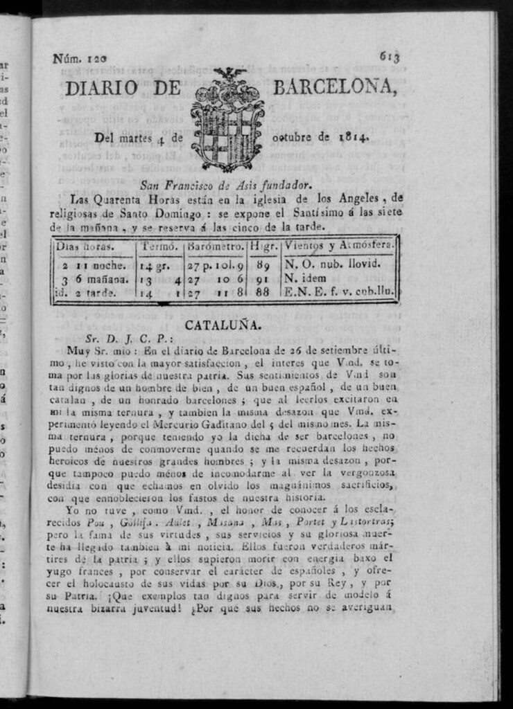 Miniatura de Diario de Barcelona del martes 4 de octubre de 1814