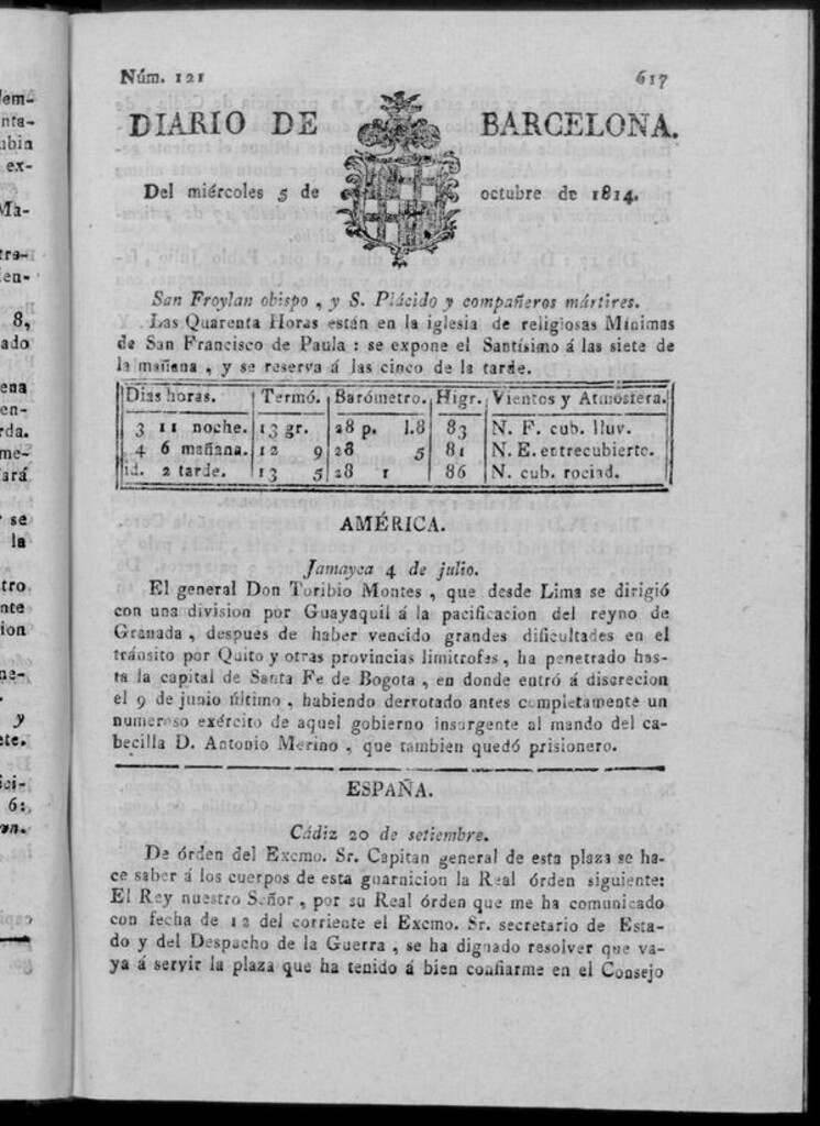 Miniatura de Diario de Barcelona del miércoles 5 de octubre de 1814