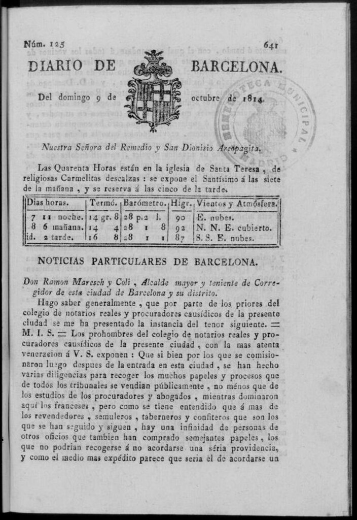 Miniatura de Diario de Barcelona del domingo 9 de octubre de 1814