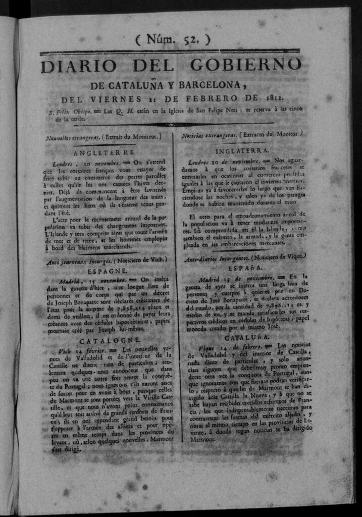 Miniatura de Diario de Barcelona del viernes 21 de febrero de 1812