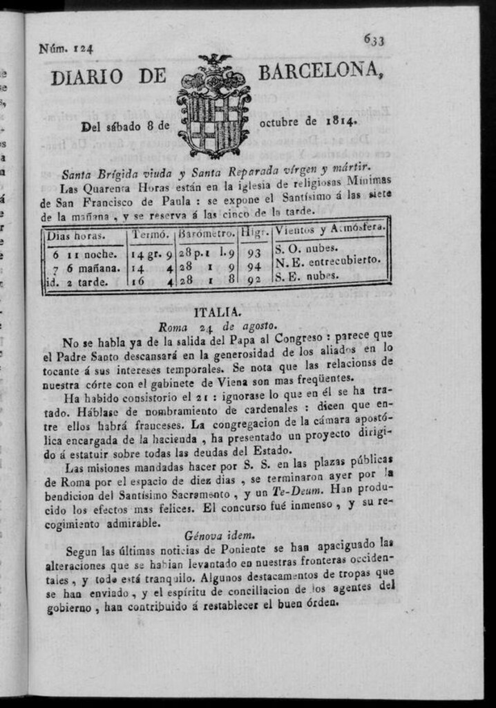 Miniatura de Diario de Barcelona del sábado 8 de octubre de 1814
