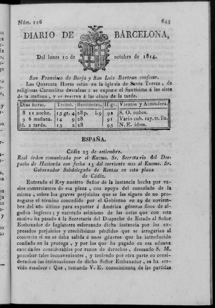 Miniatura de Diario de Barcelona del lunes 10 de octubre de 1814