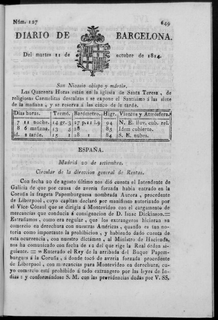 Miniatura de Diario de Barcelona del martes 11 de octubre de 1814