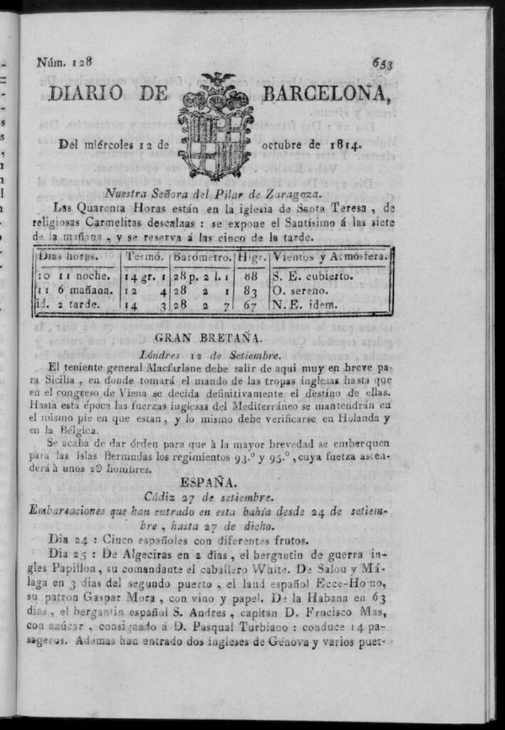 Miniatura de Diario de Barcelona del miércoles 12 de octubre de 1814