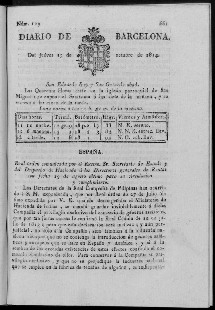Miniatura de Diario de Barcelona del jueves 13 de octubre de 1814