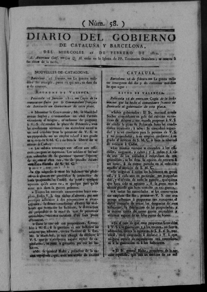 Miniatura de Diario de Barcelona del miércoles 26 de febrero de 1812