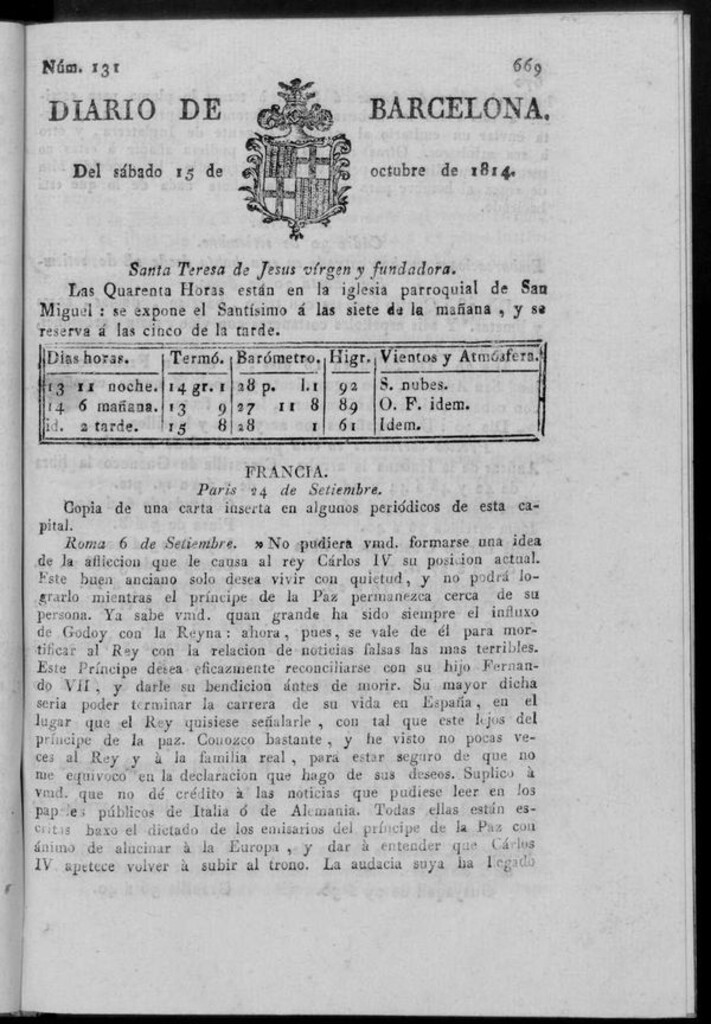 Miniatura de Diario de Barcelona del sábado 15 de octubre de 1814