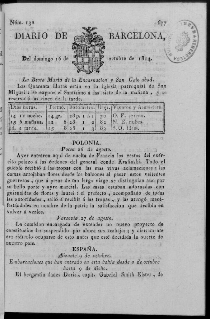 Miniatura de Diario de Barcelona del domingo 16 de octubre de 1814