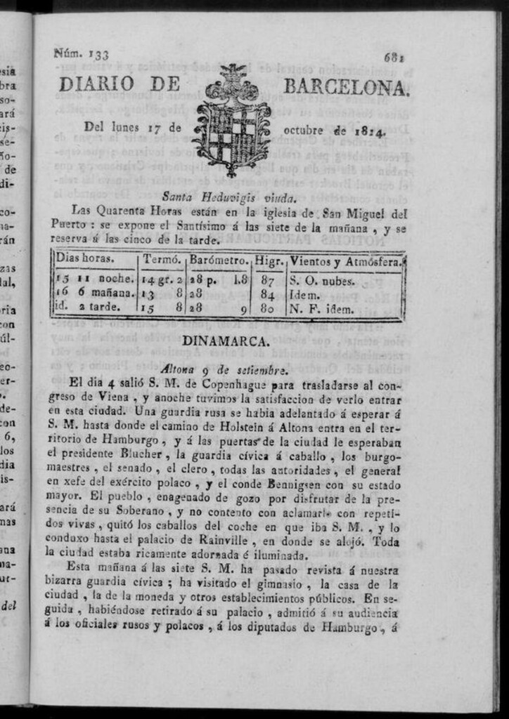 Miniatura de Diario de Barcelona del lunes 17 de octubre de 1814
