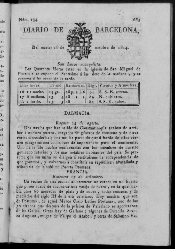 Miniatura de Diario de Barcelona del martes 18 de octubre de 1814