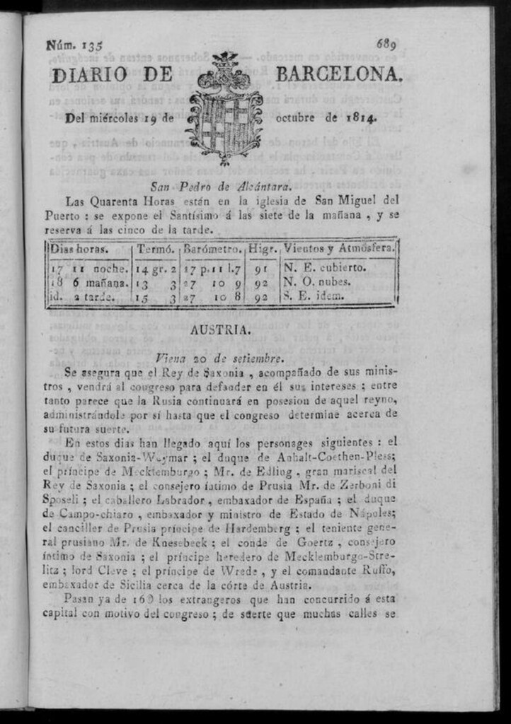 Miniatura de Diario de Barcelona del miércoles 19 de octubre de 1814