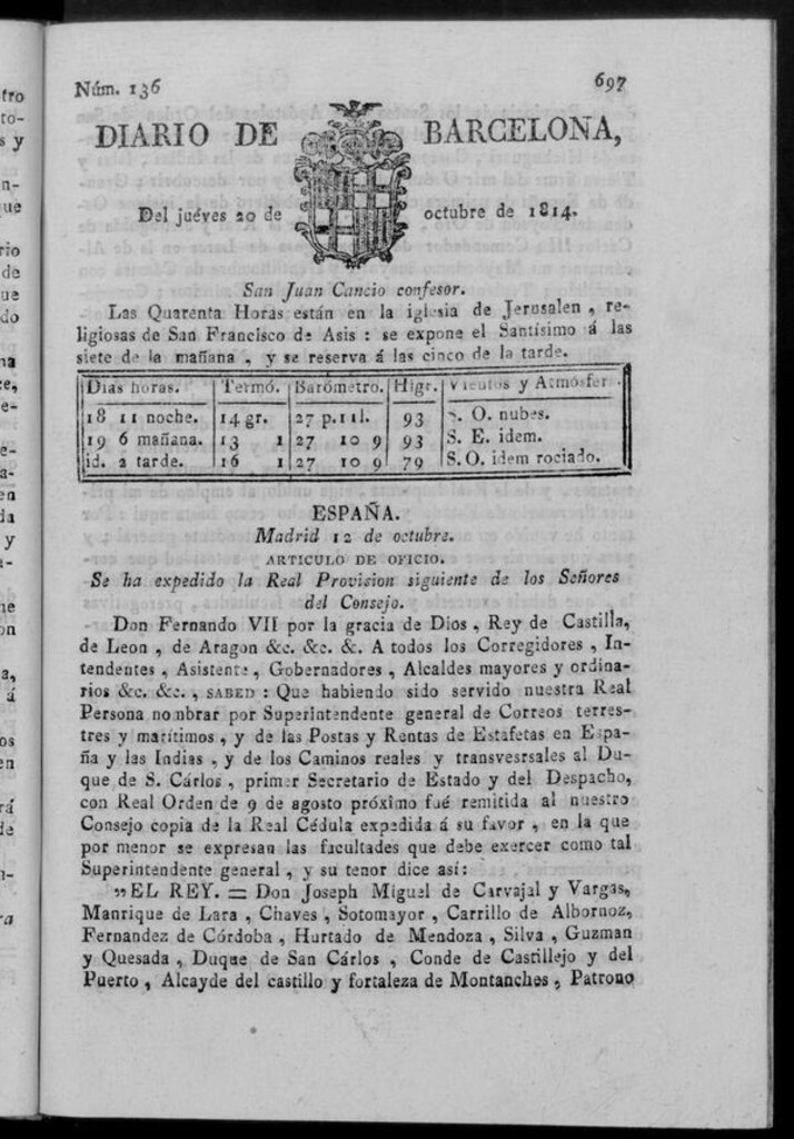 Miniatura de Diario de Barcelona del jueves 20 de octubre de 1814