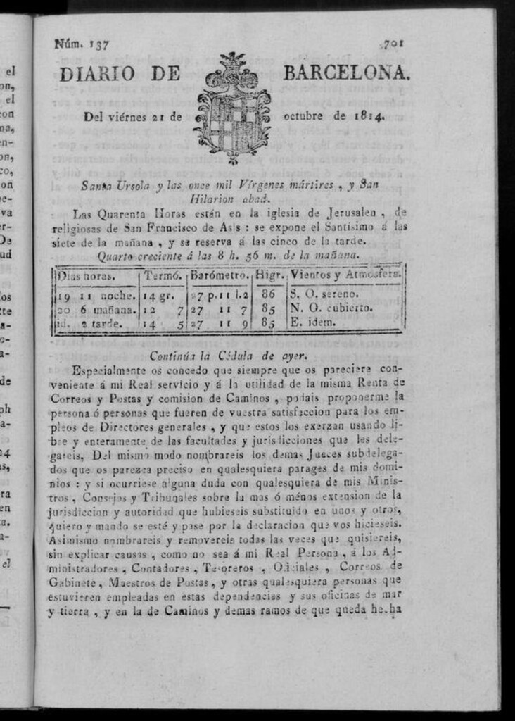 Miniatura de Diario de Barcelona del viernes 21 de octubre de 1814