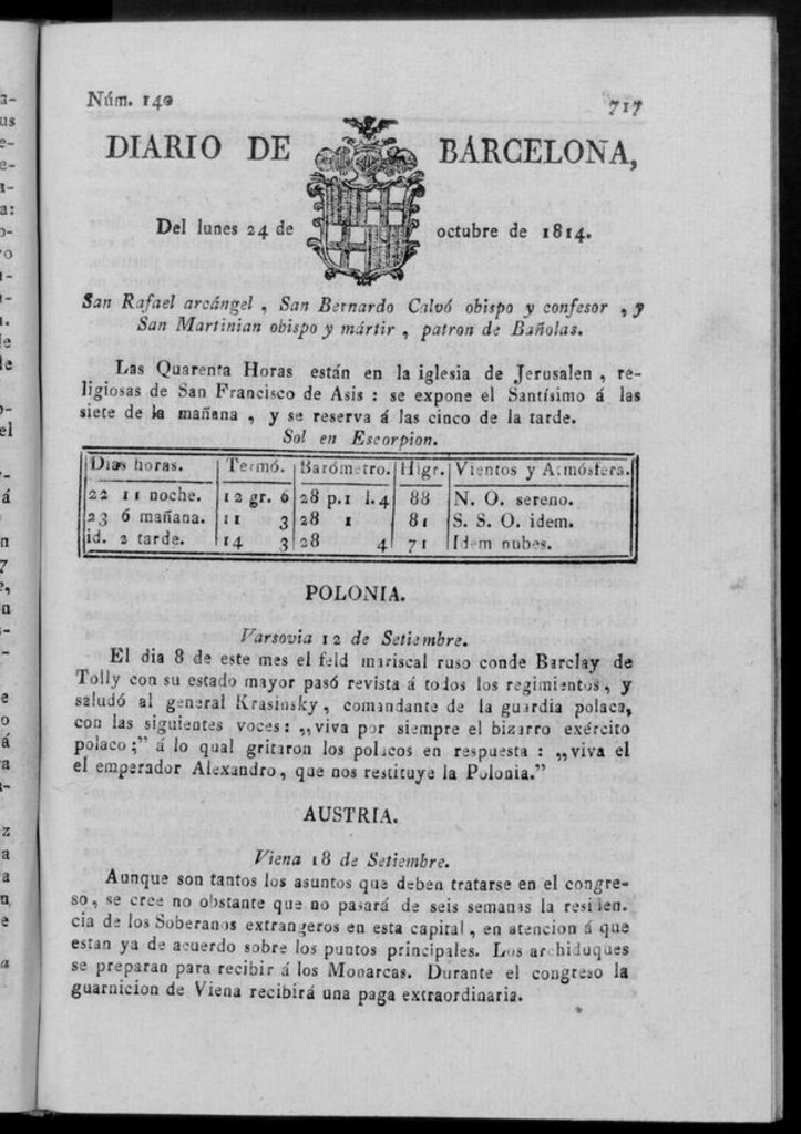 Miniatura de Diario de Barcelona del lunes 24 de octubre de 1814