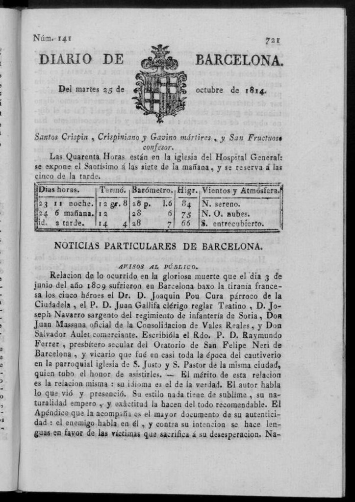 Miniatura de Diario de Barcelona del martes 25 de octubre de 1814