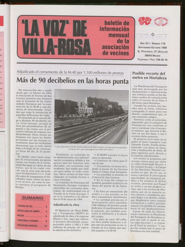 Miniatura de La Voz de Villa-Rosa: boletín informativo mensual de la asociación de vecinos, nº116 de septiembre-octubre de 1995