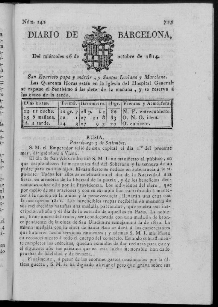 Miniatura de Diario de Barcelona del miércoles 26 de octubre de 1814