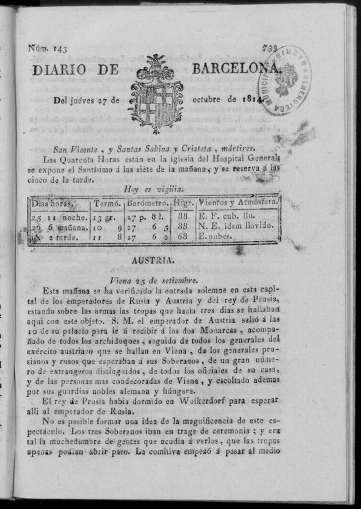 Miniatura de Diario de Barcelona del jueves 27 de octubre de 1814