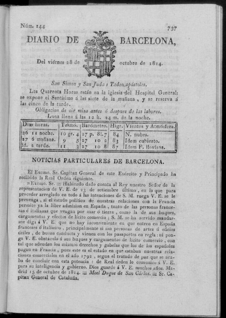 Miniatura de Diario de Barcelona del viernes 28 de octubre de 1814