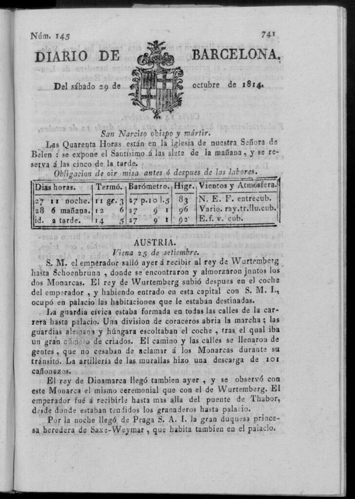 Miniatura de Diario de Barcelona del sábado 29 de octubre de 1814