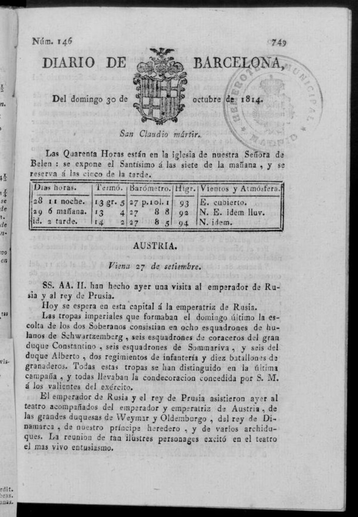 Miniatura de Diario de Barcelona del domingo 30 de octubre de 1814