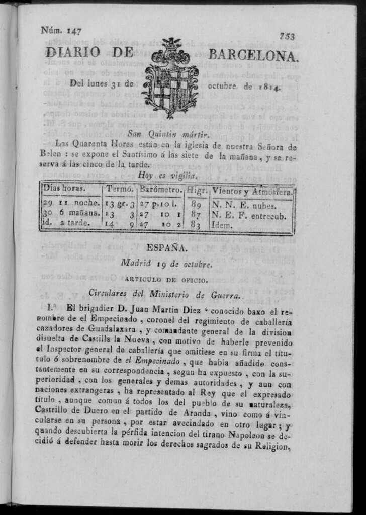 Miniatura de Diario de Barcelona del lunes 31 de octubre de 1814