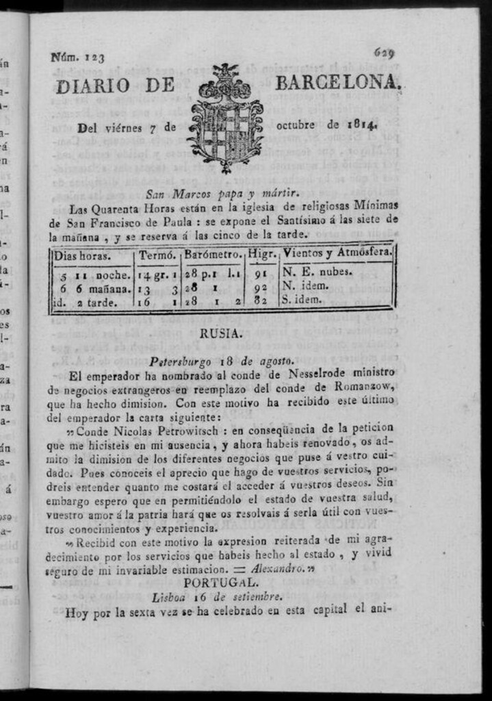 Miniatura de Diario de Barcelona del viernes 7 de octubre de 1814