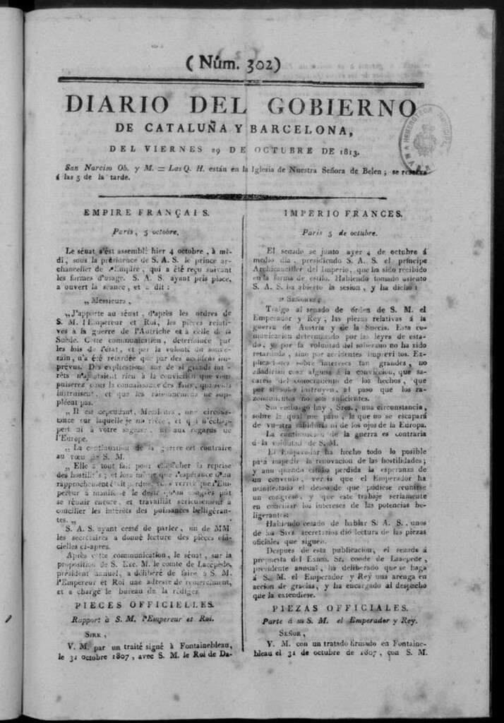Miniatura de Diario de Barcelona del viernes 29 de octubre de 1813