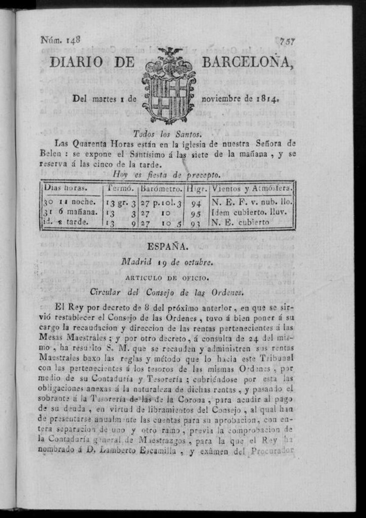 Miniatura de Diario de Barcelona del martes 1 de noviembre de 1814