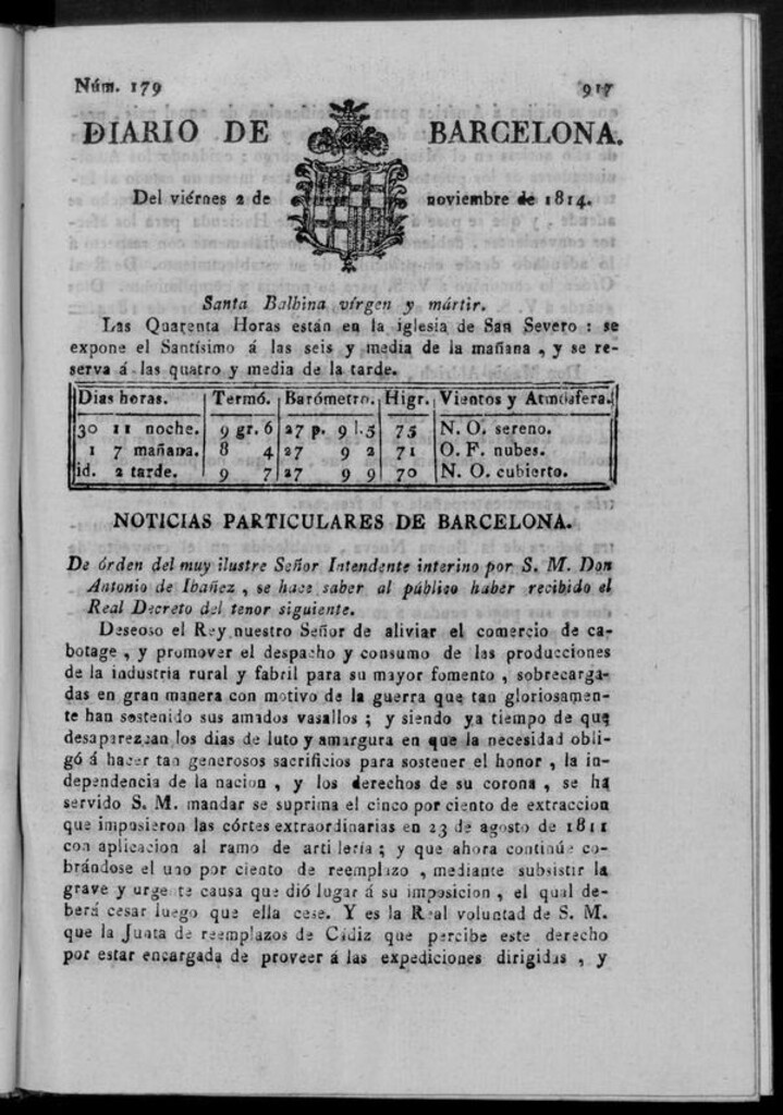 Miniatura de Diario de Barcelona del miércoles 2 de noviembre de 1814