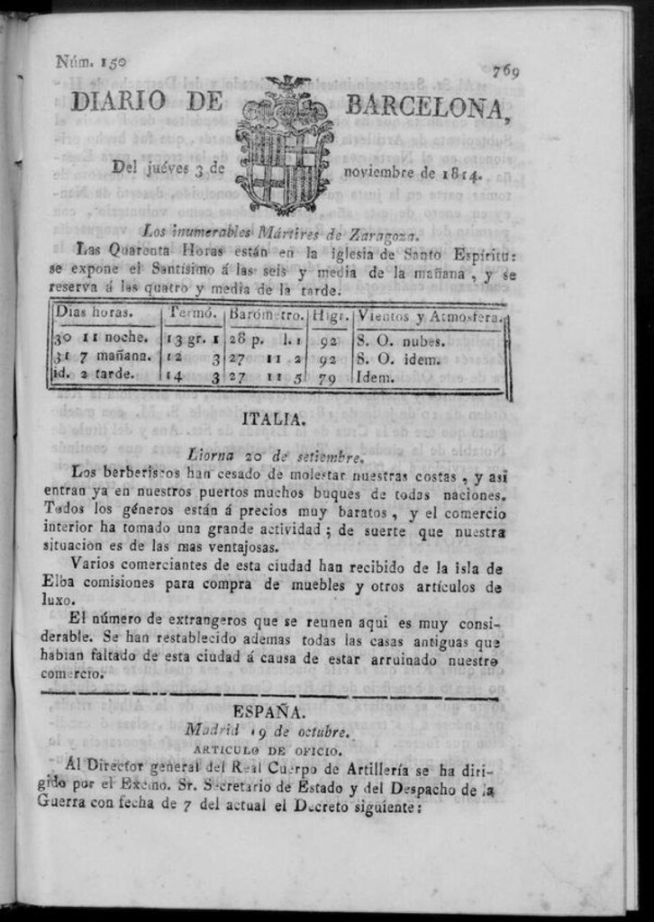 Miniatura de Diario de Barcelona del jueves 3 de noviembre de 1814
