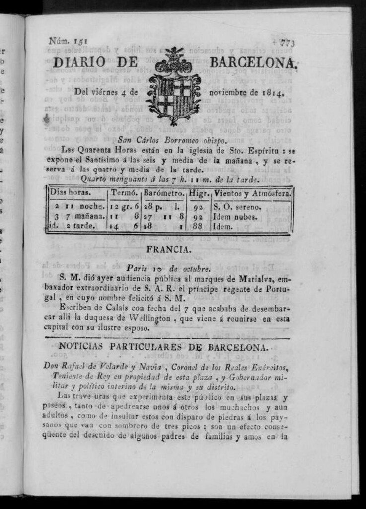 Miniatura de Diario de Barcelona del viernes 4 de noviembre de 1814