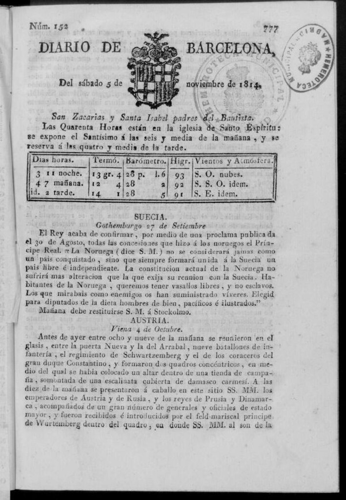 Miniatura de Diario de Barcelona del sábado 5 de noviembre de 1814