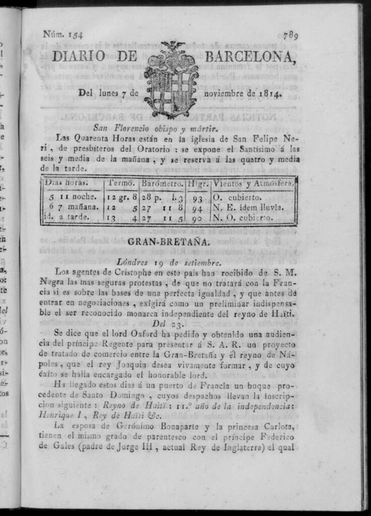 Miniatura de Diario de Barcelona del lunes 7 de noviembre de 1814